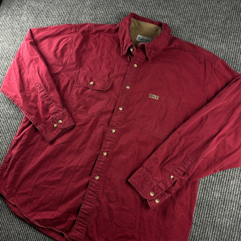 VTG Carhartt Mens XL Burgundy Red Cotton Canvas L/S Button Down Work Shirt